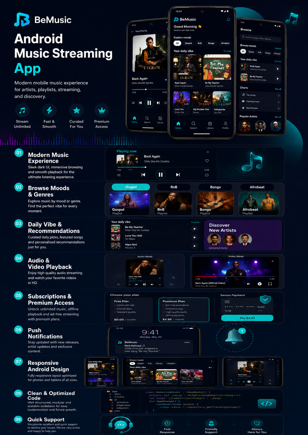 BeMusic Mobile App screens and Android preview